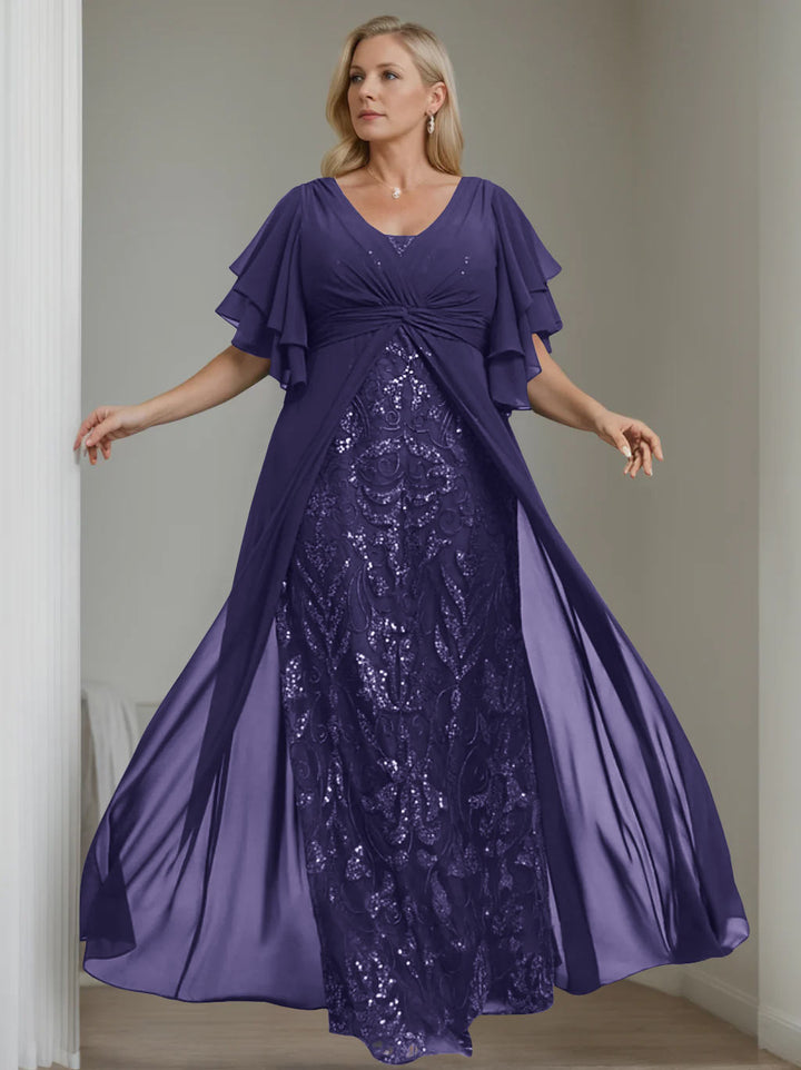 Plus Size Floor-Length Mother of the Bride A-Line Dress with V-Neck and Half