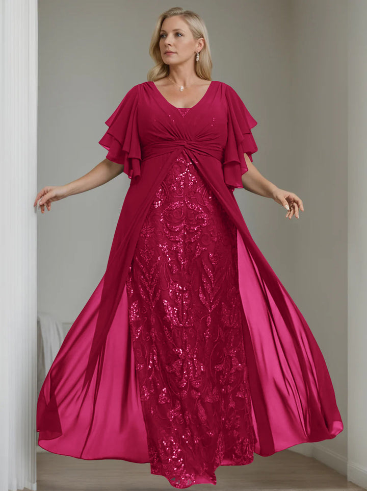 Plus Size Floor-Length Mother of the Bride A-Line Dress with V-Neck and Half