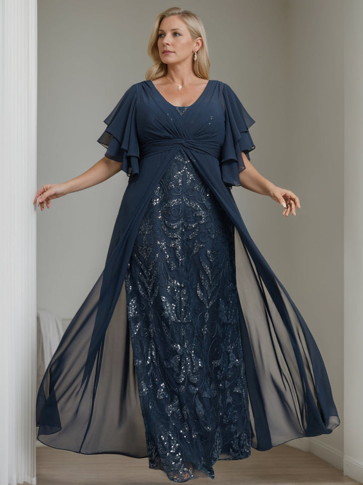 Plus Size Floor-Length Mother of the Bride A-Line Dress with V-Neck and Half