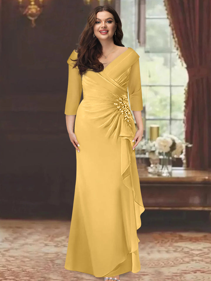 Plus Size Floor-Length V-Neck Sheath Mother of the Bride Dress with Ruffles and Appliques Plus Size Floor-Length V-Neck Sheath Mother of the Bride Dress with Ruffles and Appliques