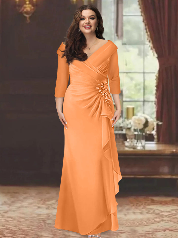 Plus Size Floor-Length V-Neck Sheath Mother of the Bride Dress with Ruffles  and Appliques
