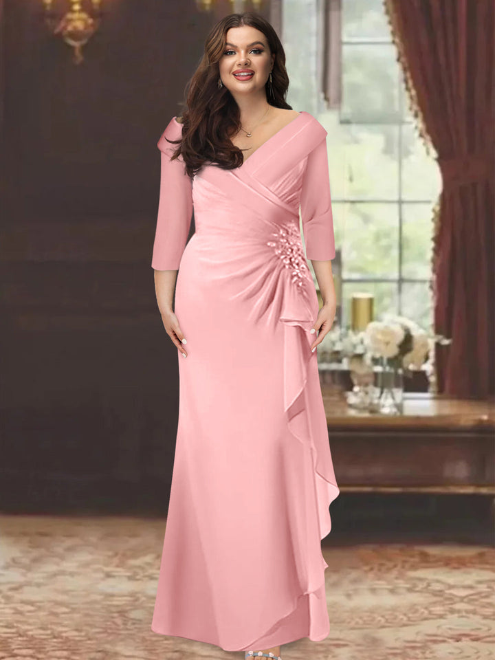 Plus Size Floor-Length V-Neck Sheath Mother of the Bride Dress with Ruffles  and Appliques