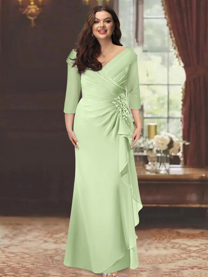 Plus Size Floor-Length V-Neck Sheath Mother of the Bride Dress with Ruffles  and Appliques
