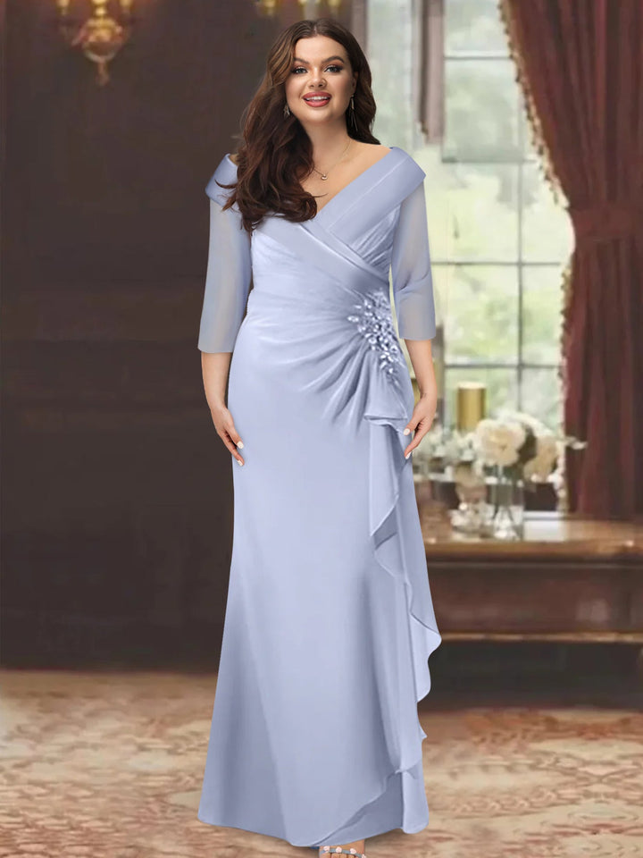 Plus Size Floor-Length V-Neck Sheath Mother of the Bride Dress with Ruffles and Appliques Plus Size Floor-Length V-Neck Sheath Mother of the Bride Dress with Ruffles and Appliques