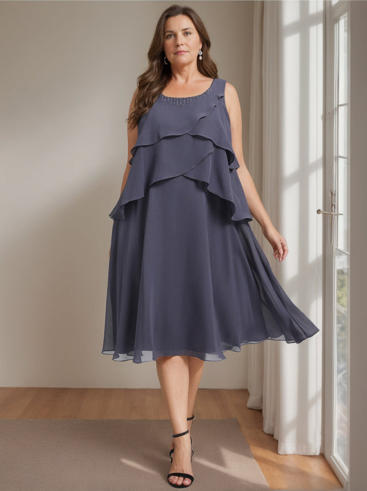 Plus Size Knee-Length Mother of the Bride A-Line Dress with Scoop Neck and  Beading