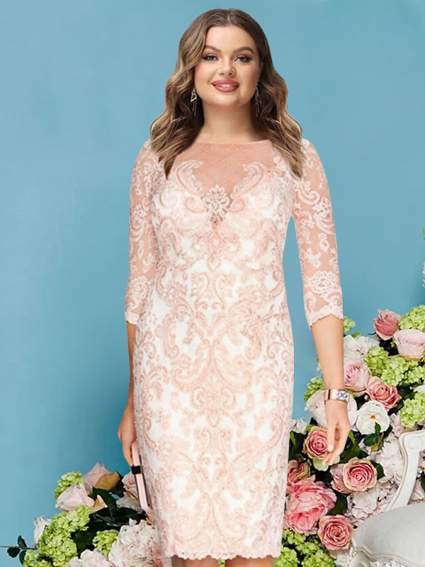 Plus Size Knee-Length Mother of the Bride Dress with Lace Beading Appliques  and Long Sleeves