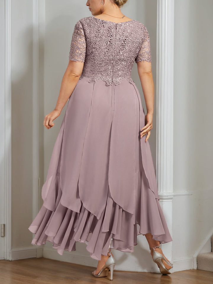 Plus Size Mother of the Bride A-Line Dress with Round Neck Short Sleeves  and Cascading Ruffles