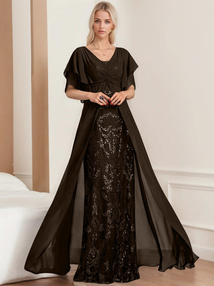 Plus Size Mother of the Bride A-Line Floor-Length Dress with V-Neck and Half