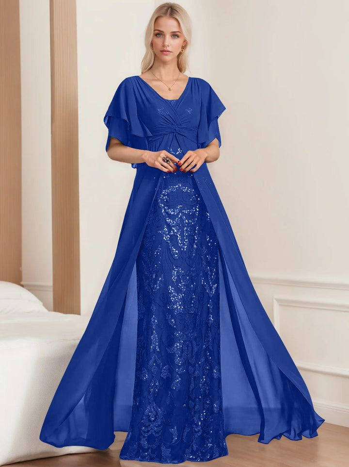 Plus Size Mother of the Bride A-Line Floor-Length Dress with V-Neck and Half