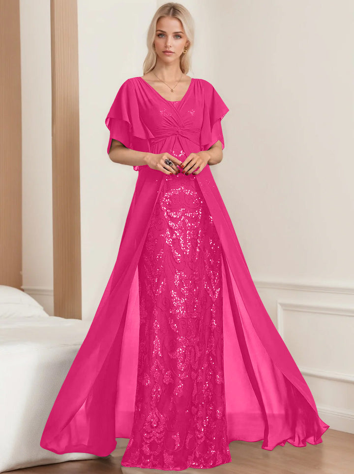 Plus Size Mother of the Bride A-Line Floor-Length Dress with V-Neck and  Half Sleeves