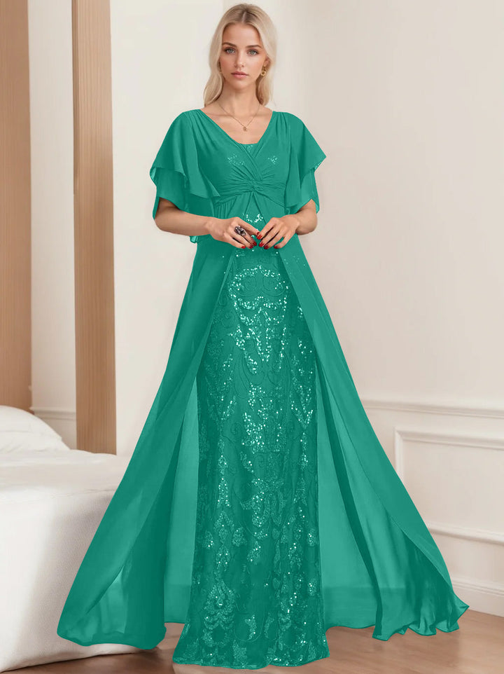 Plus Size Mother of the Bride A-Line Floor-Length Dress with V-Neck and Half