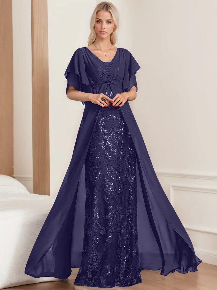 Plus Size Mother of the Bride A-Line Floor-Length Dress with V-Neck and Half Plus Size Mother of the Bride A-Line Floor-Length Dress with V-Neck and Half
