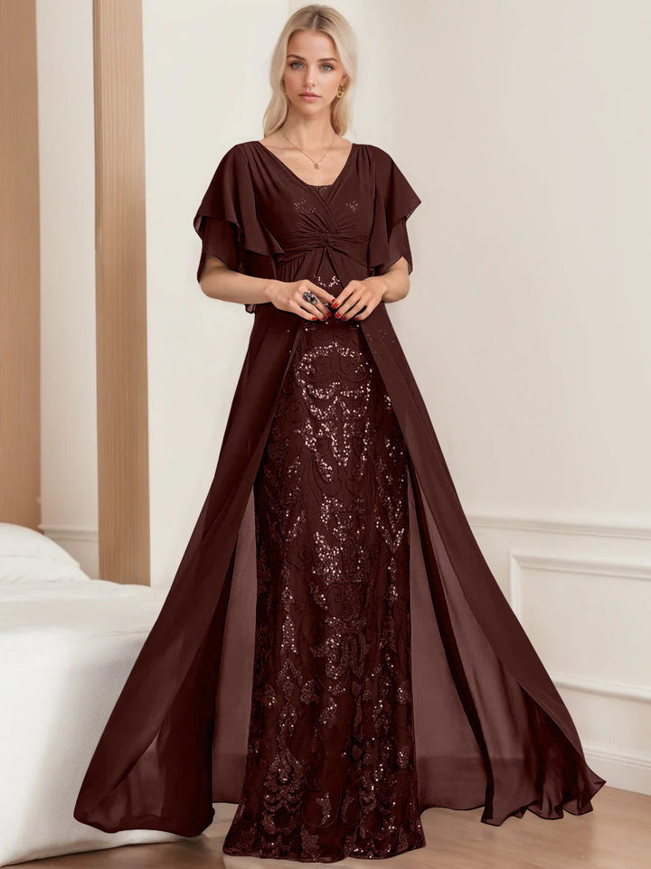chinese dress ladies Plus Size Mother of The Bride A-Line Floor-Length Dress with V-Neck and Half Sleeves