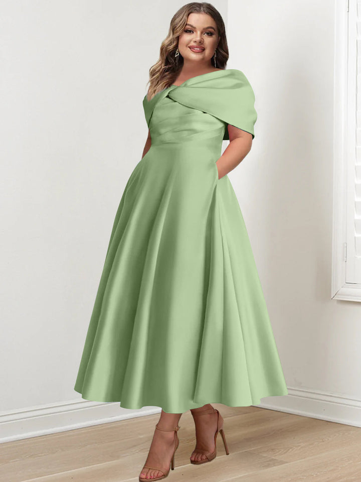 Plus Size Off-The-Shoulder A-Line Princess Ankle-Length Mother Of The Bride Dress With Ruffles & Bowknot Plus Size Off-The-Shoulder A-Line Princess Ankle-Length Mother Of The Bride Dress With Ruffles & Bowknot