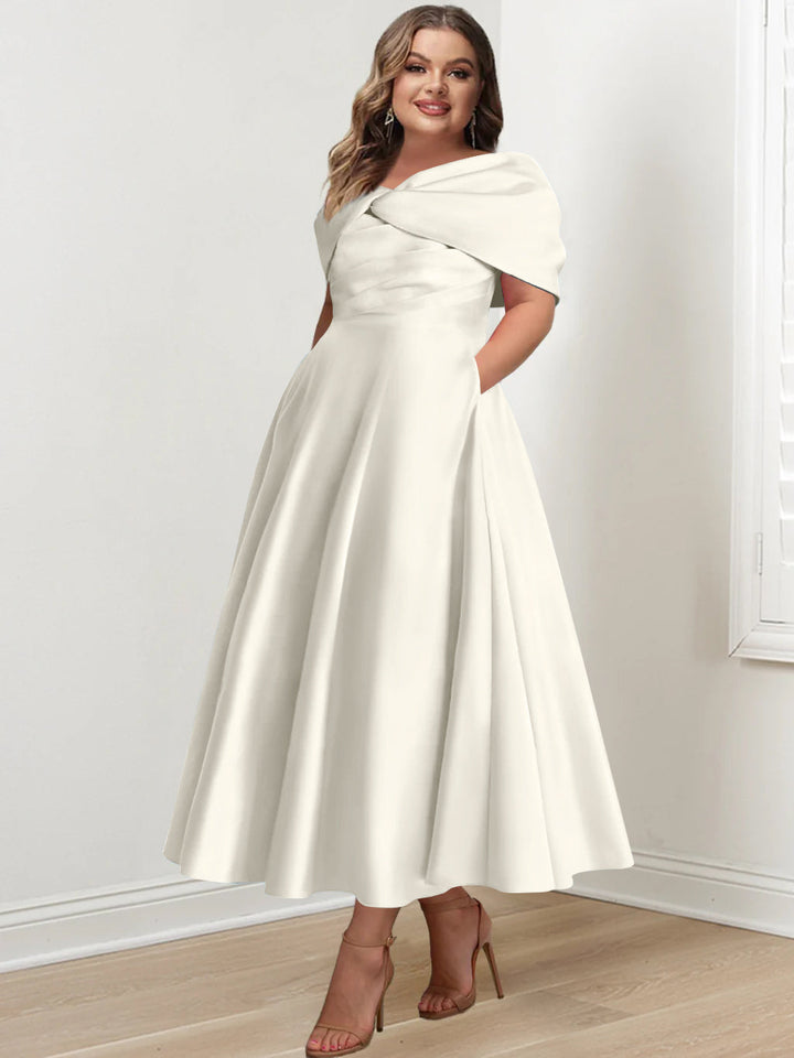 Plus Size Off-The-Shoulder A-Line Princess Ankle-Length Mother Of The Bride Dress With Ruffles & Bowknot Plus Size Off-The-Shoulder A-Line Princess Ankle-Length Mother Of The Bride Dress With Ruffles & Bowknot
