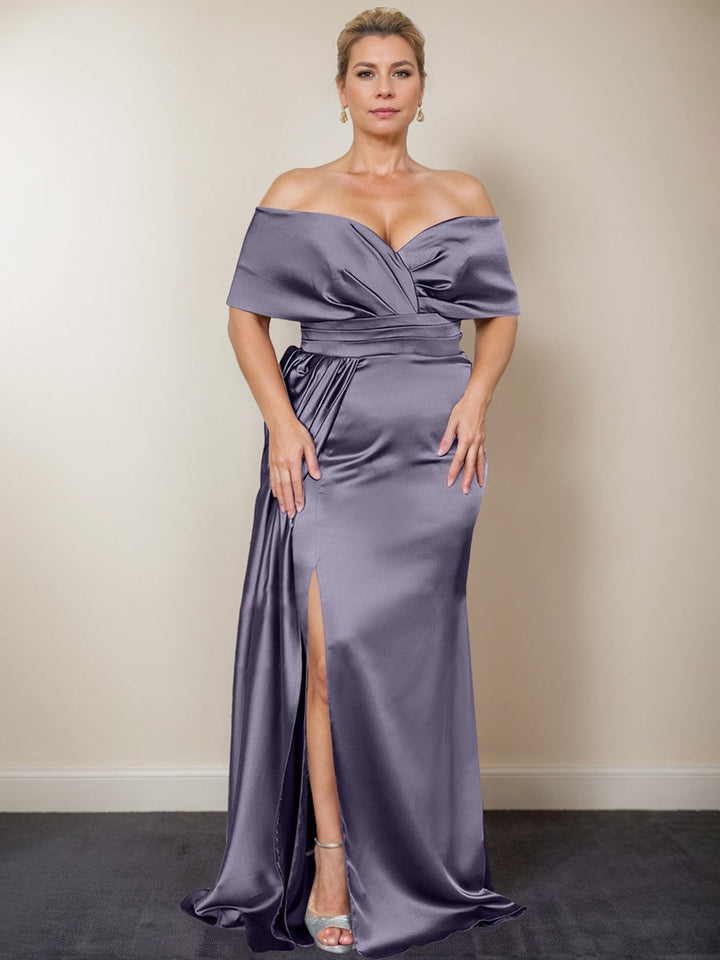 mermaid dress for mother of the bride Trumpet/Mermaid Off-The-Shoulder Plus Size Dresses With Split Side Shown in Dark Navy Style:BR0209D03 Color:Skipper Blue Lark Grey Ruffle and