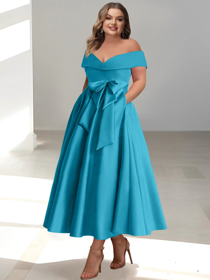 green emerald velvet dress Plus Size Off-The-Shoulder A-Line Princess Ankle-Length Mother of The Bride Dress with Ruffles & Bowknot