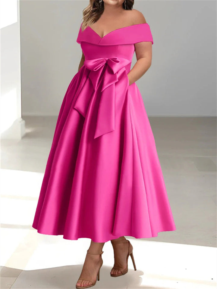 plus size ankle length dresses Off-the-Shoulder Sleeveless A-Line/Princess Mother of the Bride Ankle-Length Dress with Pockets Azazie Leonia The long sleeves provide Rehearsal PLP Color:Black Floral Print