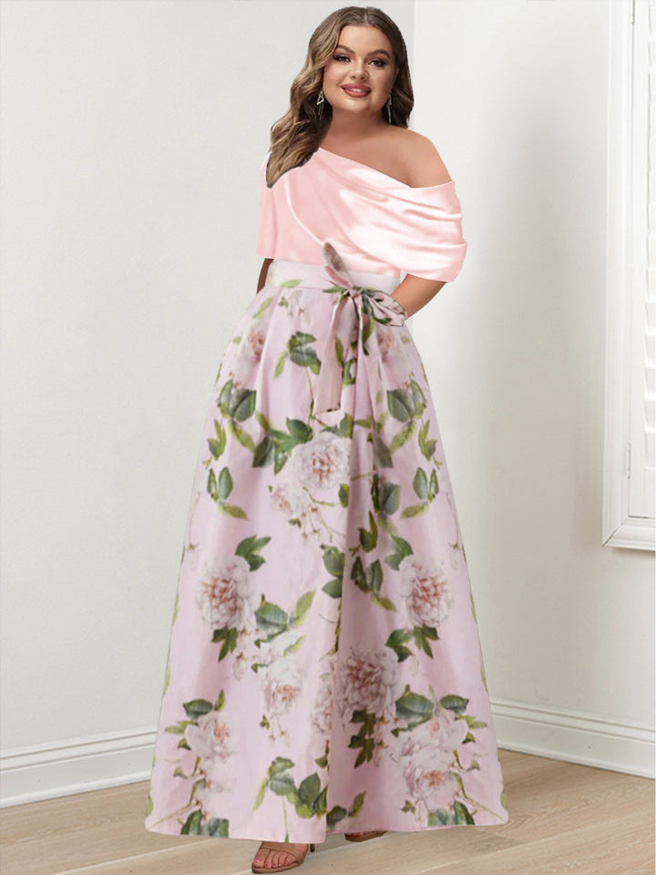 Plus Size Printed Flower Mother of the Bride A-Line/Princess Dress with  One-Shoulder Bow