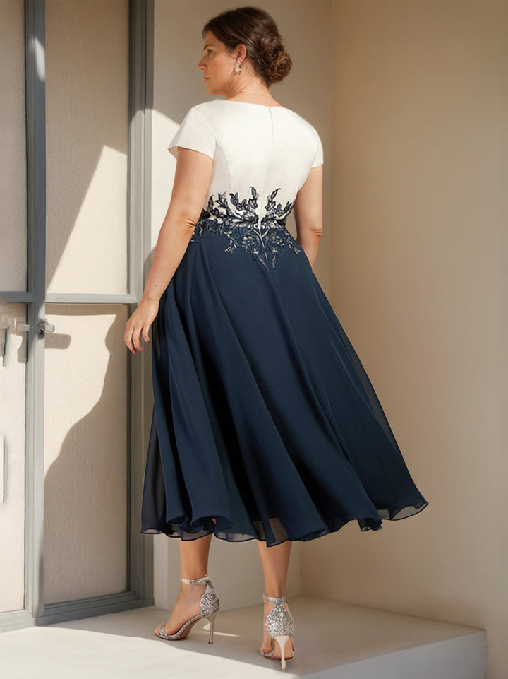 Plus Size Tea-Length Mother of the Bride Dress in A-Line/Princess Cut with  V-