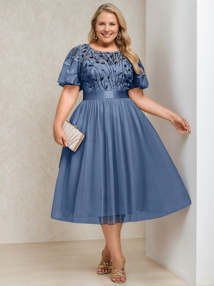 mother of the bride dresses short plus size Plus Size Tea-Length Mother of the Bride Dress with Sequins and Embroidery  A-Line/Princess