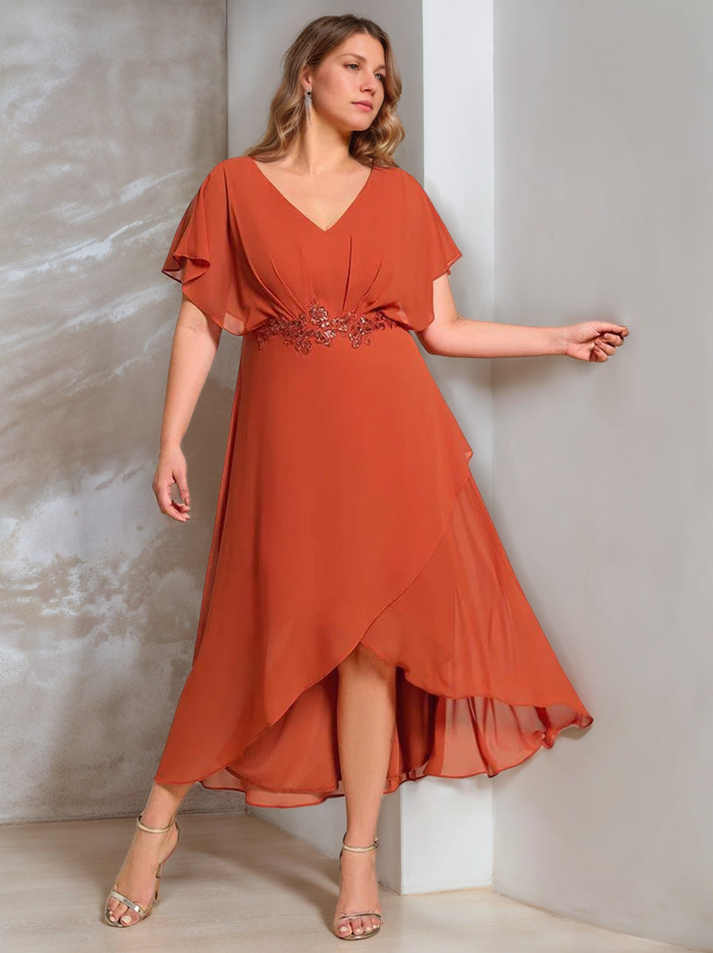 Plus Size V-Neck A-Line Mother of the Bride Dress with Short Sleeves and  Asymmetrical Appliques