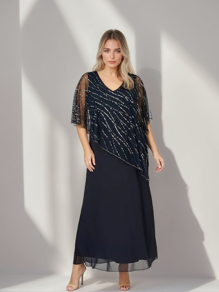 ankle length mother of the bride dresses plus size V-Neck A-Line Princess Ankle-Length Dress with Asymmetrical Cape Popover and Half Sleeves with jacket to without Season: SS24 Dress Twiggy A Line Color:Pink Royal