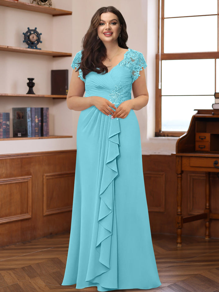 Plus Size V-Neck A-Line Princess Dress with Short Sleeves Ruffles and Appliques for Mothers Plus Size V-Neck A-Line Princess Dress with Short Sleeves Ruffles and Appliques for Mothers