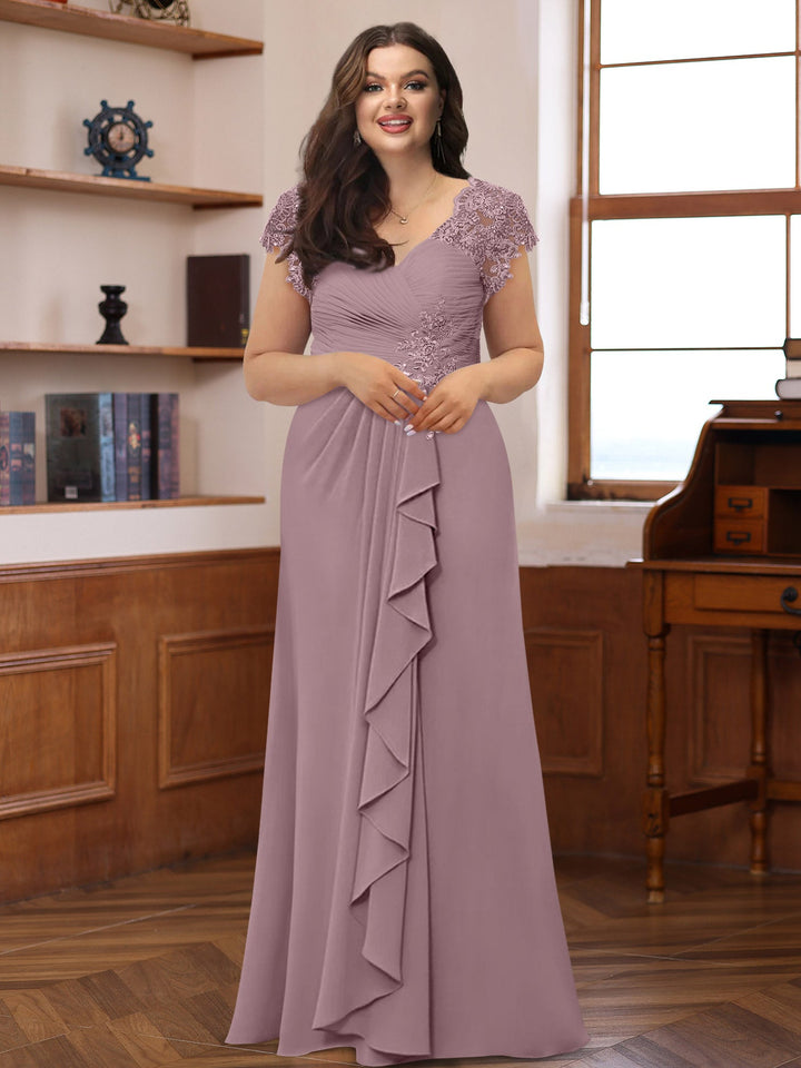 plus size princess dress Plus Size V-Neck A-Line Princess Dress with Short Sleeves Ruffles and Appliques for Mothers