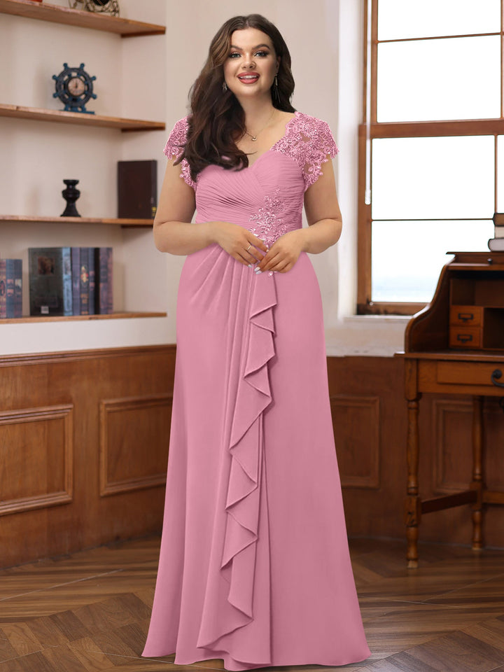 Plus Size V-Neck A-Line Princess Dress with Short Sleeves Ruffles and  Appliques for Mothers of the Bride & Groom