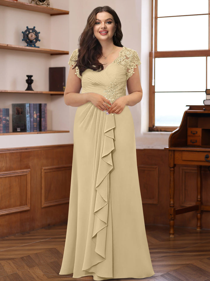 Plus Size V-Neck A-Line Princess Dress with Short Sleeves Ruffles and Appliques for Mothers Plus Size V-Neck A-Line Princess Dress with Short Sleeves Ruffles and Appliques for Mothers