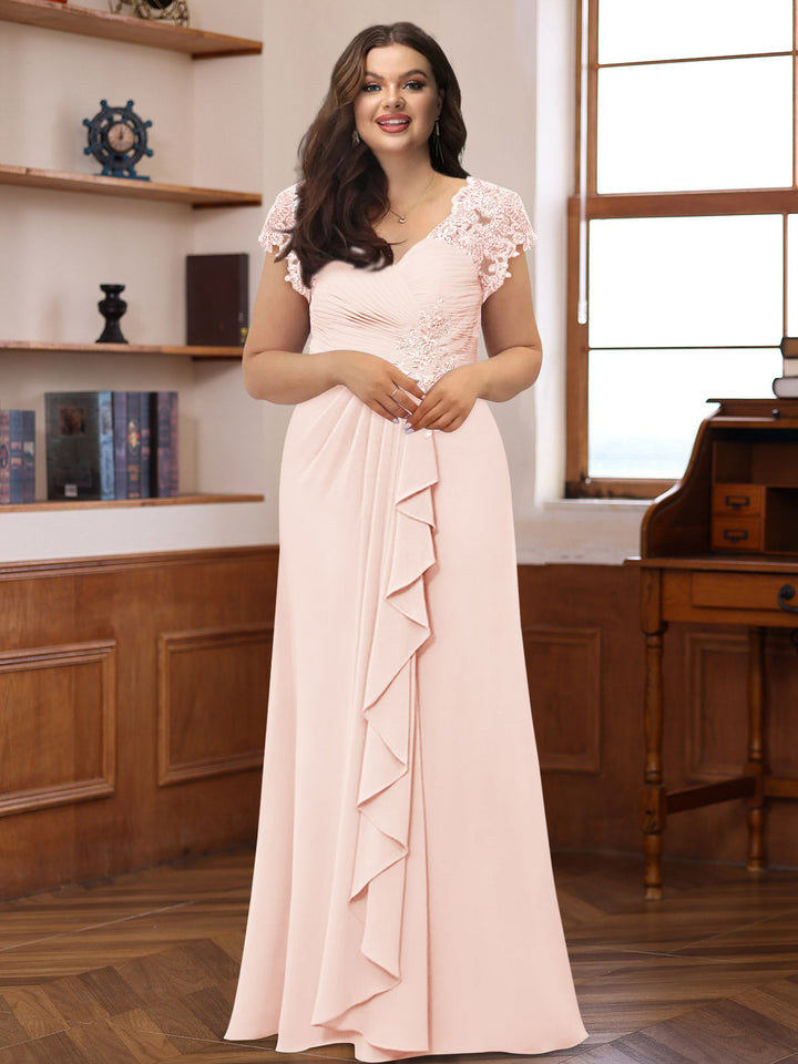 Plus Size V-Neck A-Line Princess Dress with Short Sleeves Ruffles and  Appliques for Mothers of the Bride & Groom
