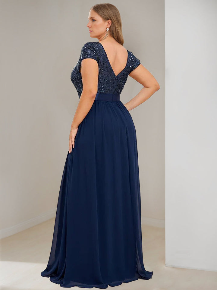 Plus Size V-Neck A-Line Princess Floor-Length Chiffon Mother of The Bride Dress with Ribbon and Short Sleeves Plus Size V-Neck A-Line Princess Floor-Length Chiffon Mother of The Bride Dress with Ribbon and Short Sleeves