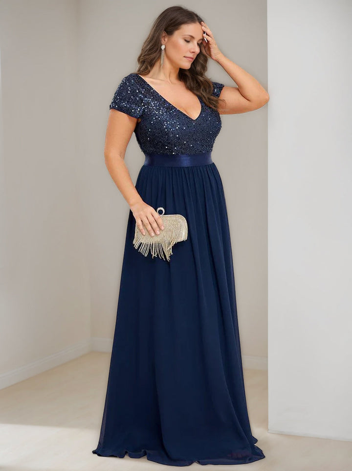 Plus Size V-Neck A-Line Princess Floor-Length Chiffon Mother Of The Bride  Dress with