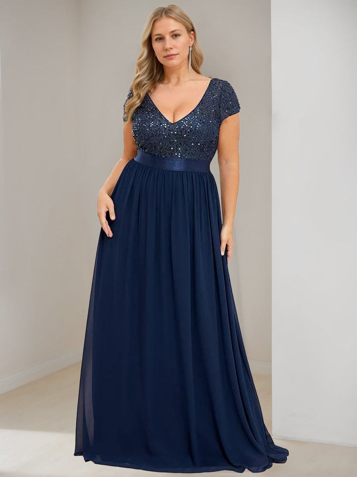 Plus Size V-Neck A-Line Princess Floor-Length Chiffon Mother of The Bride Dress with Ribbon and Short Sleeves