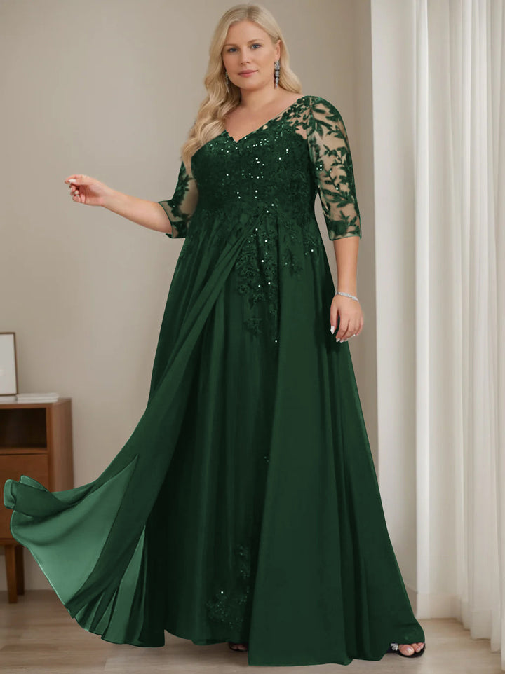 Plus Size V-Neck A-Line Princess Floor-Length Mother of the Bride Dress  with Half
