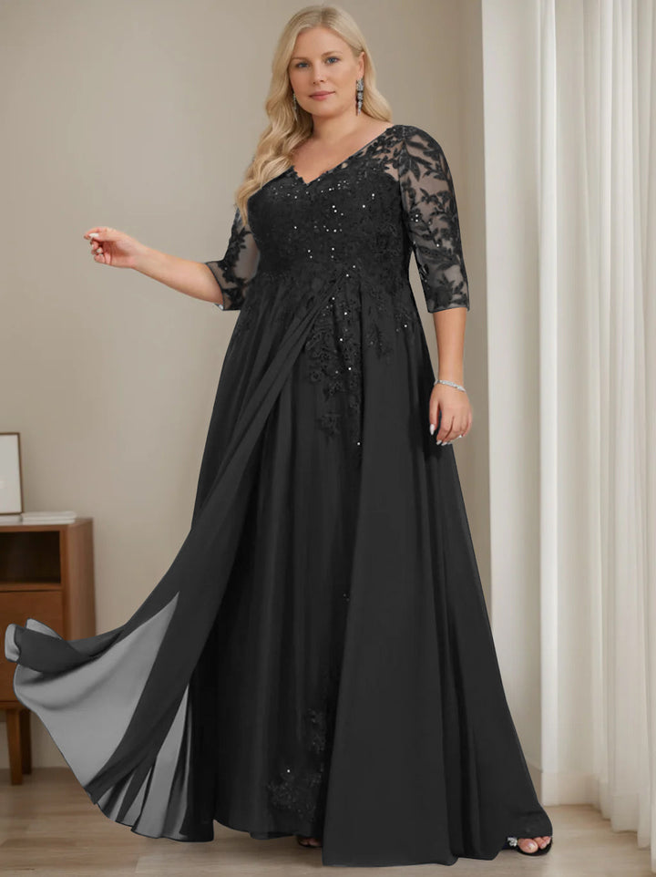 Plus Size V-Neck A-Line Princess Floor-Length Mother of the Bride Dress with Half Plus Size V-Neck A-Line Princess Floor-Length Mother of the Bride Dress with Half