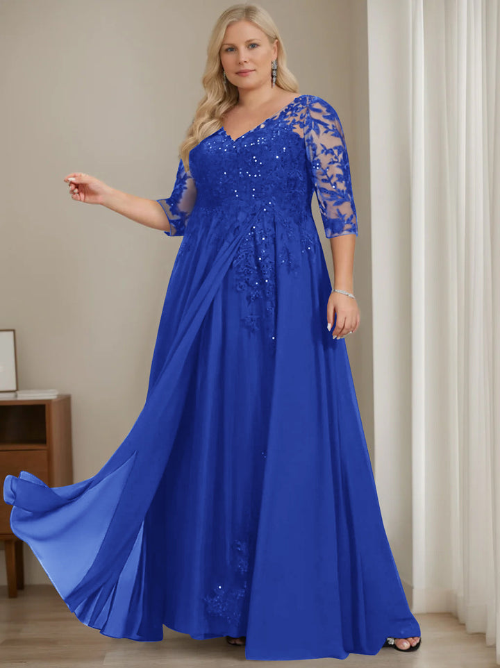Plus Size V-Neck A-Line Princess Floor-Length Mother of The Bride Dress with Half Sleeves and Sequins
