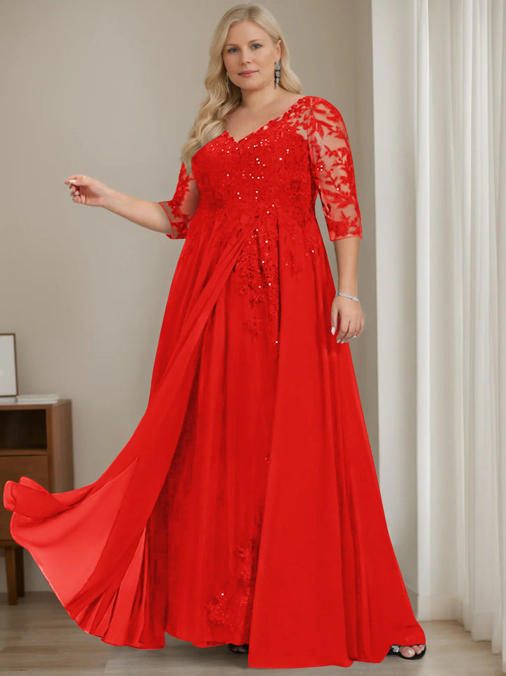fitted lace wedding dress BABARONI Crepe Mother of The Bride Dress with Square Neck 3/4 Sleeves and Sequins Lace Bodice main image 1