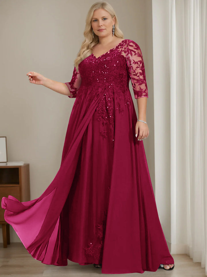 Plus Size V-Neck A-Line Princess Floor-Length Mother of the Bride Dress  with Half