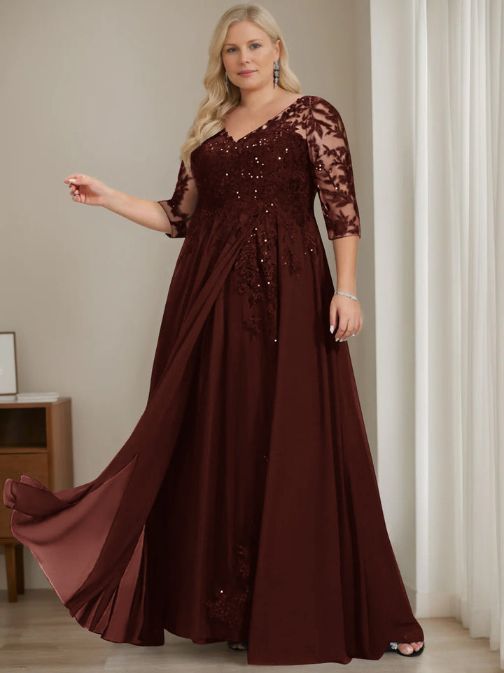 Plus Size V-Neck A-Line Princess Floor-Length Mother of the Bride Dress  with Half