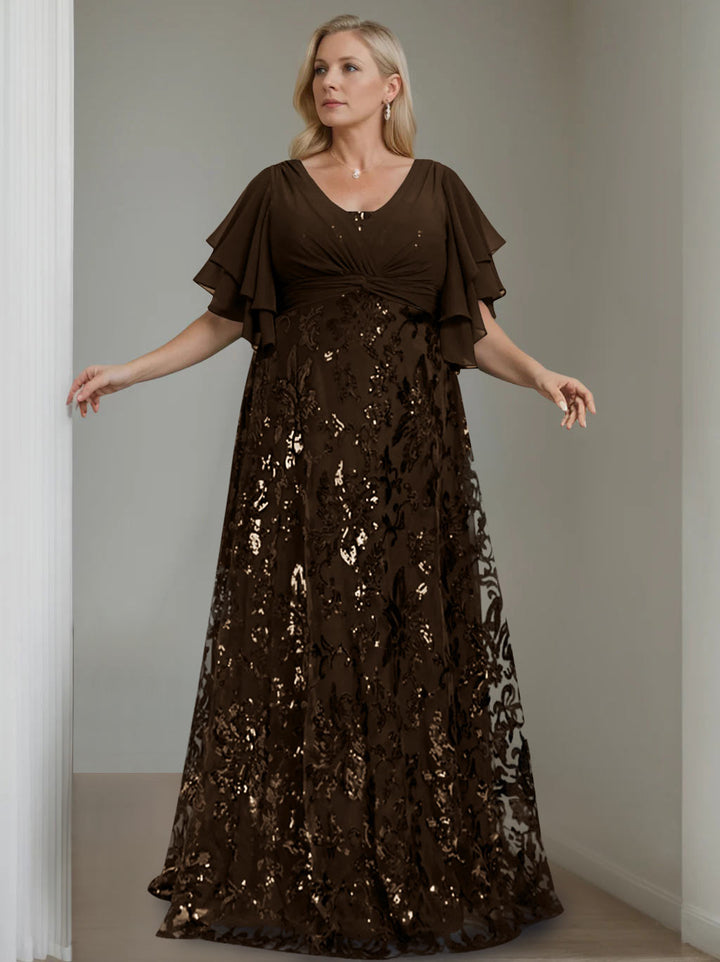 Plus Size V-Neck A-Line Princess Floor-Length Mother of the Bride Dress with Sequins
