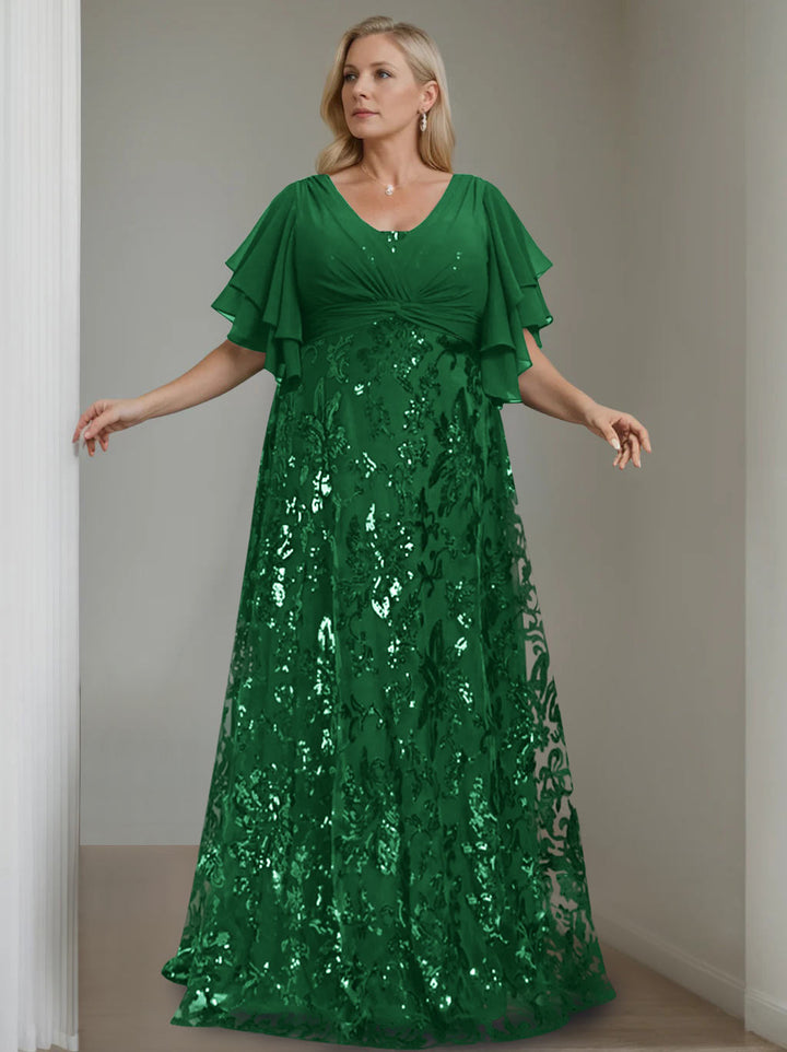 Plus Size V-Neck A-Line Princess Floor-Length Mother of the Bride Dress  with Sequins