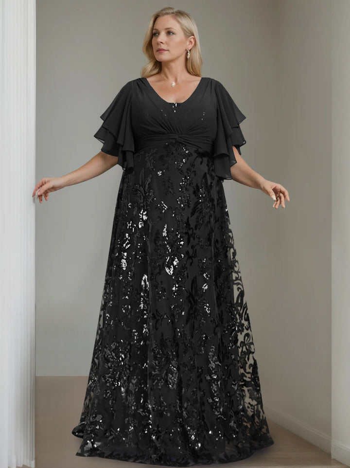 Plus Size V-Neck A-Line Princess Floor-Length Mother of the Bride Dress  with Sequins and Half Sleeves