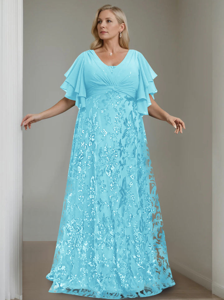 Plus Size V-Neck A-Line Princess Floor-Length Mother of the Bride Dress  with Sequins