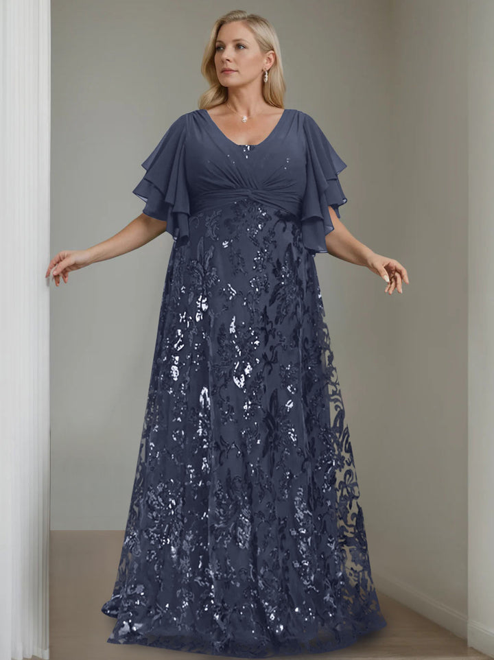 Plus Size V-Neck A-Line Princess Floor-Length Mother of the Bride Dress with Sequins