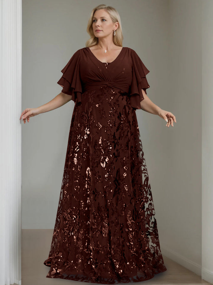 Plus Size V-Neck A-Line Princess Floor-Length Mother of the Bride Dress with Sequins Plus Size V-Neck A-Line Princess Floor-Length Mother of the Bride Dress with Sequins