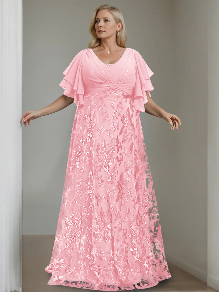 pink mother of the bride dresses plus size V-Neck A-Line Princess Floor-Length Dress with Sequins 3D Floral Country Wedding Customized Black Red Blue 3/13/2026 Color:Yellow ombre multi