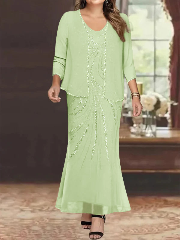 Plus Size V-Neck Ankle-Length Sheath/Column Mother of the Bride Dresses  with Sequins &