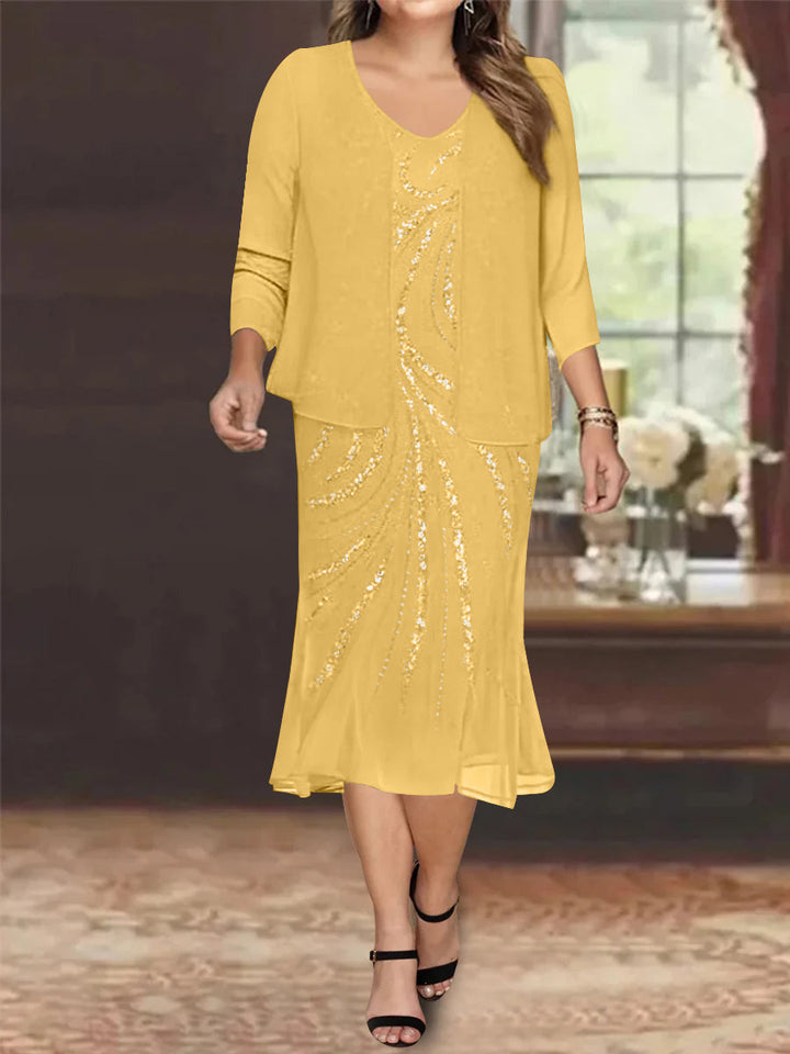 Plus Size V-Neck Chiffon Mother of the Bride Dress Set with Jacket and  Sequins Knee-